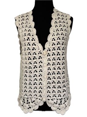 Vintage Crochet Vest Cottagecore Bohemian Granny Cream Cotton Ramie Button